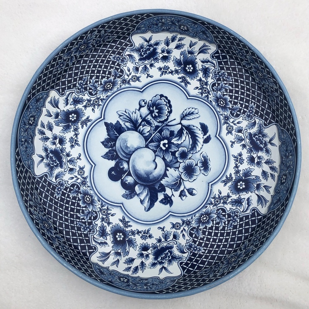 Daher Decorated Ware Round Metal Tray - Blue White Fruit Floral Made in England - Picture 12 of 12